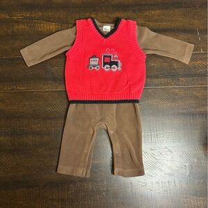 Red and Brown Baby Outfit with Train Design